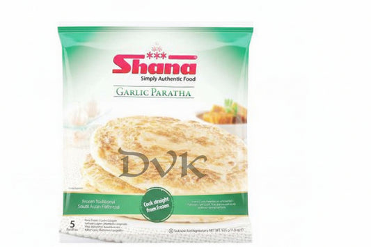 Shana Garlic Paratha packaging with a stack of parathas on a white background