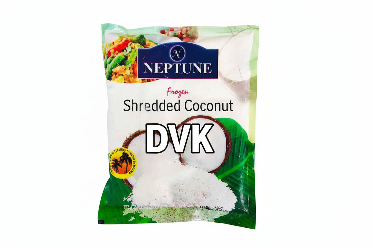 Neptune brand frozen shredded coconut package on a white background