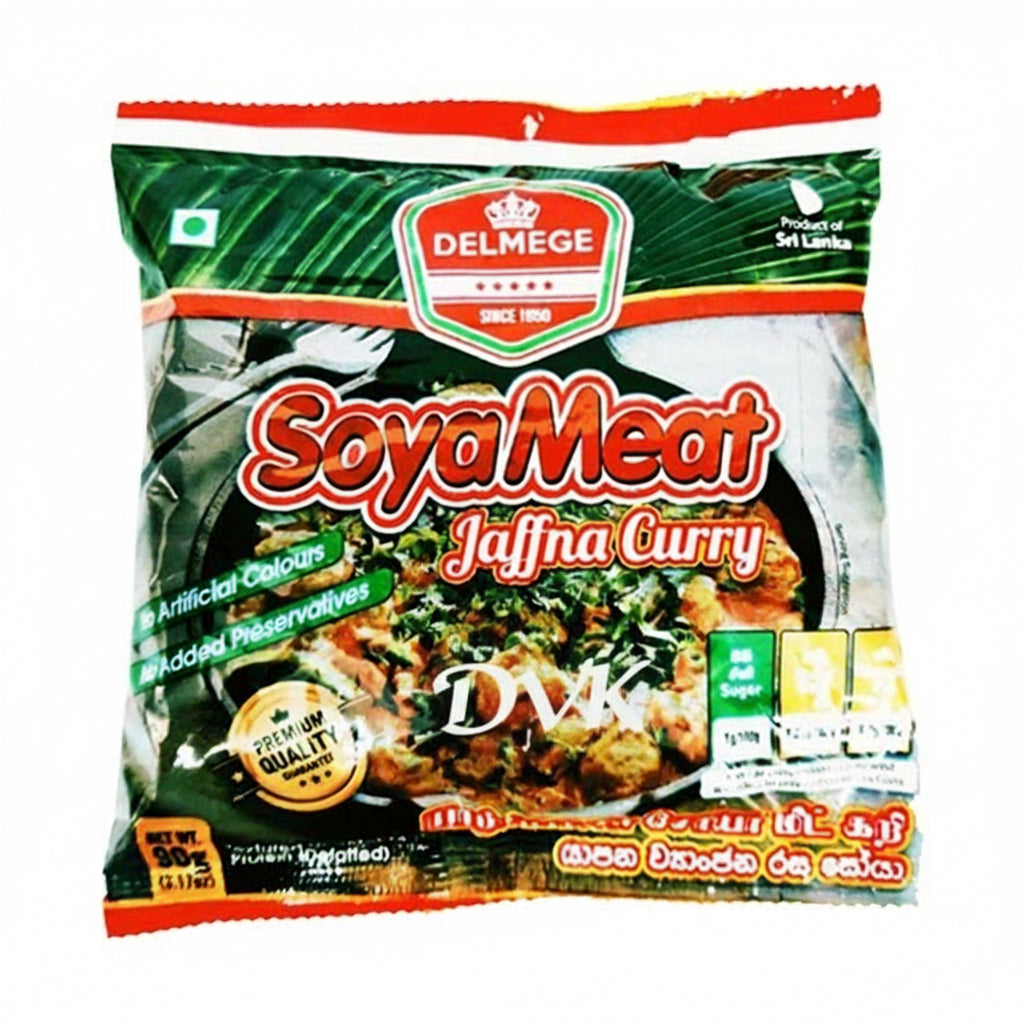Packaged Delmege Soya Meat Jaffna Curry on a white background