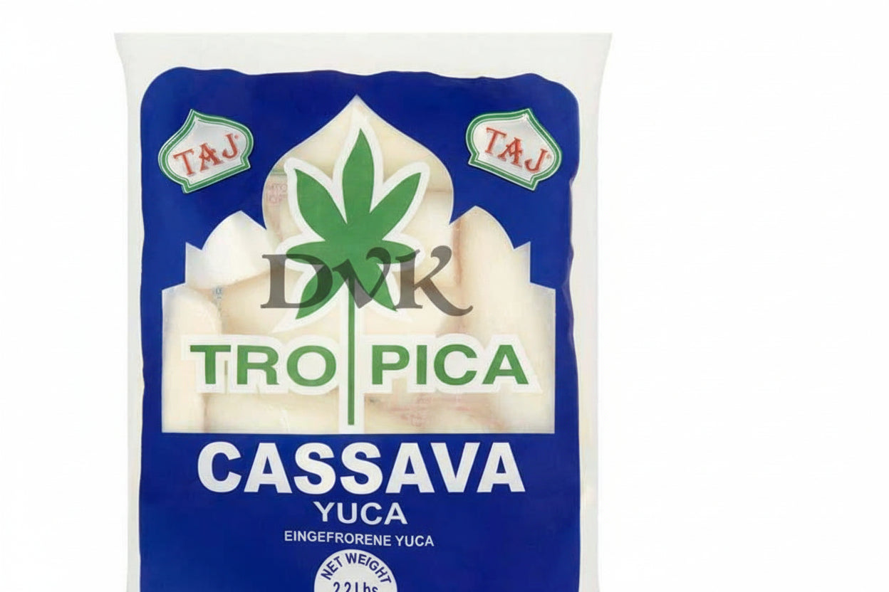 Packaged cassava yuca with Tropica branding on a white background