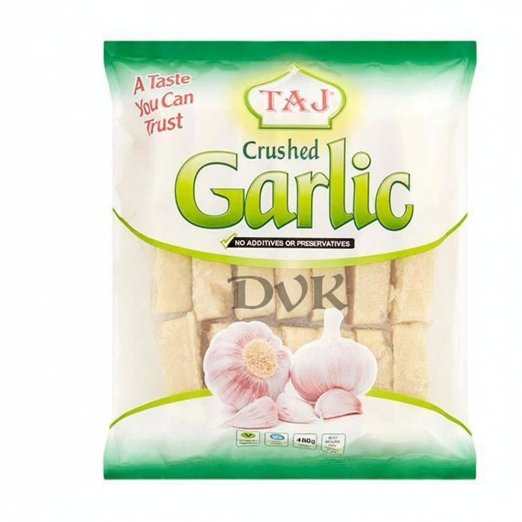 Packaging of Taj Crushed Garlic with garlic illustrations on a white background