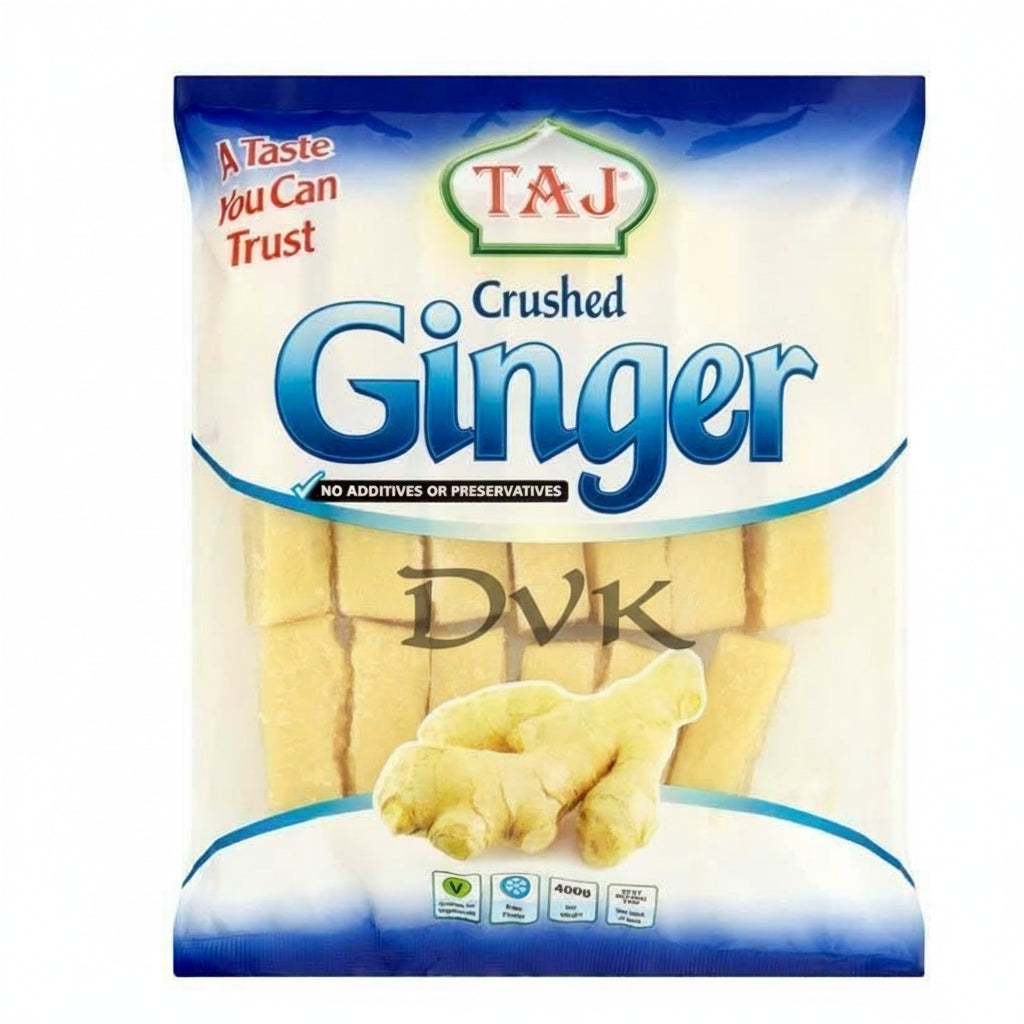 Packaging of Taj Crushed Ginger with ginger illustration on a white background