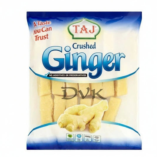 Packaging of Taj Crushed Ginger with ginger illustration on a white background