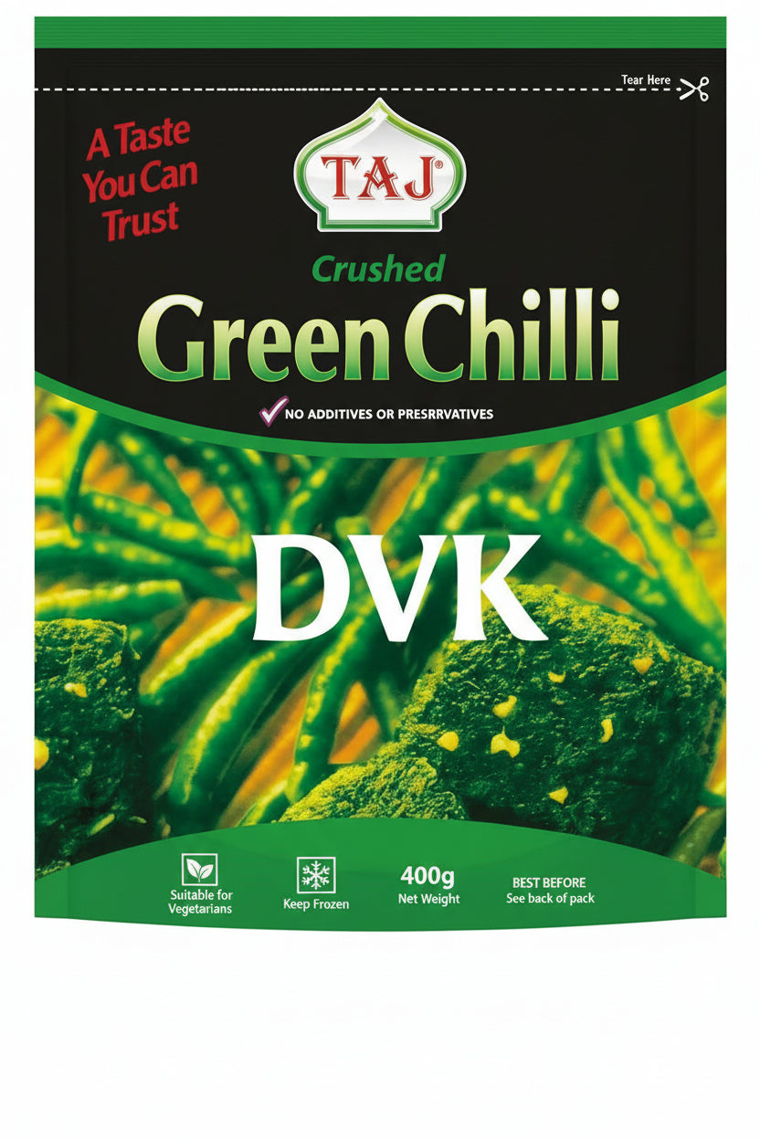 Packaging of Taj Crushed Green Chilli with green and black design
