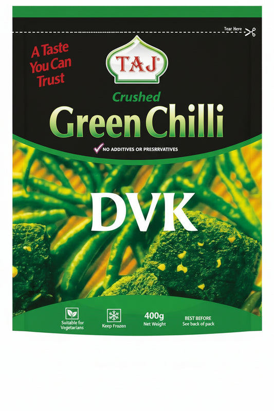 Packaging of Taj Crushed Green Chilli with green and black design
