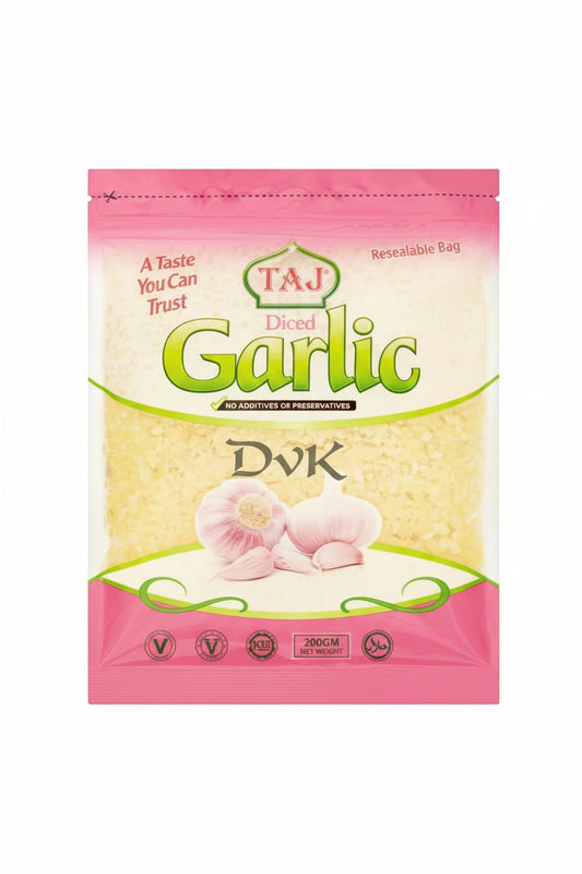 Packaging of Taj Diced Garlic with pink and green design