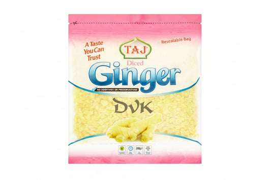 Packaging of Taj Diced Ginger with brand logo and product name on a white background