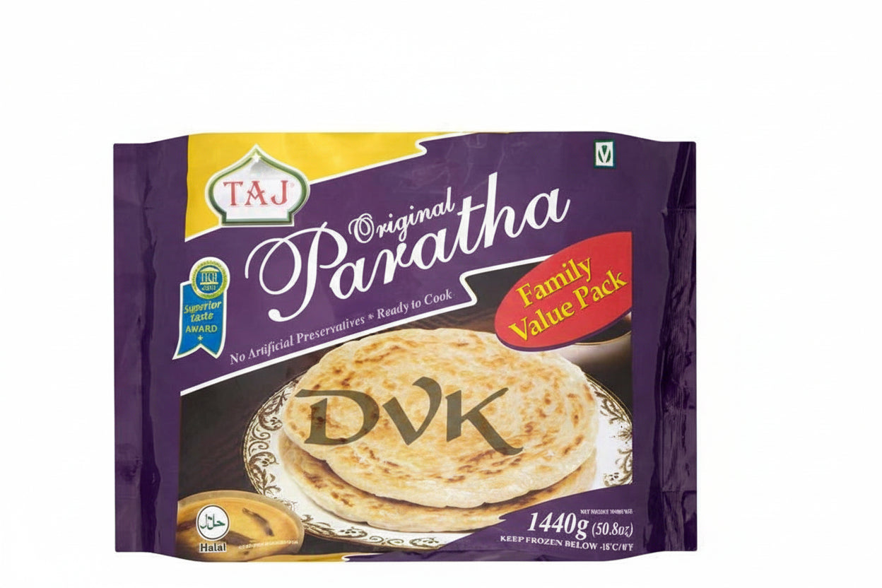 Packaged paratha with brand logo on a white background