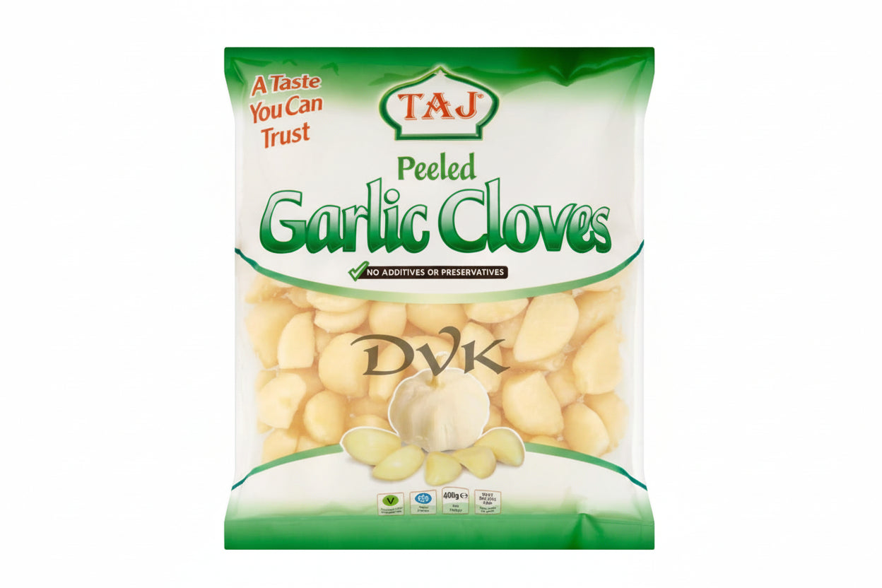 Packaged garlic cloves with Taj brand label on a white background