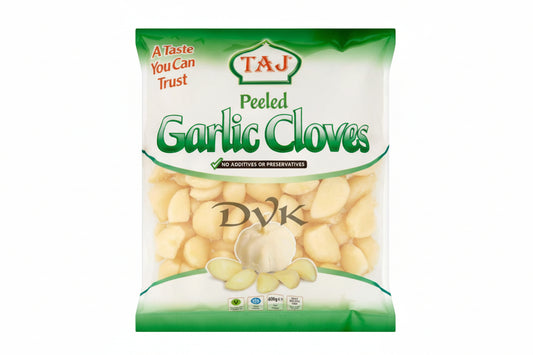 Packaged garlic cloves with Taj brand label on a white background