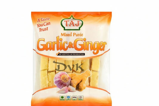 Packaging of Taj Garlic & Ginger Mixed Puree with brand logo and product name.