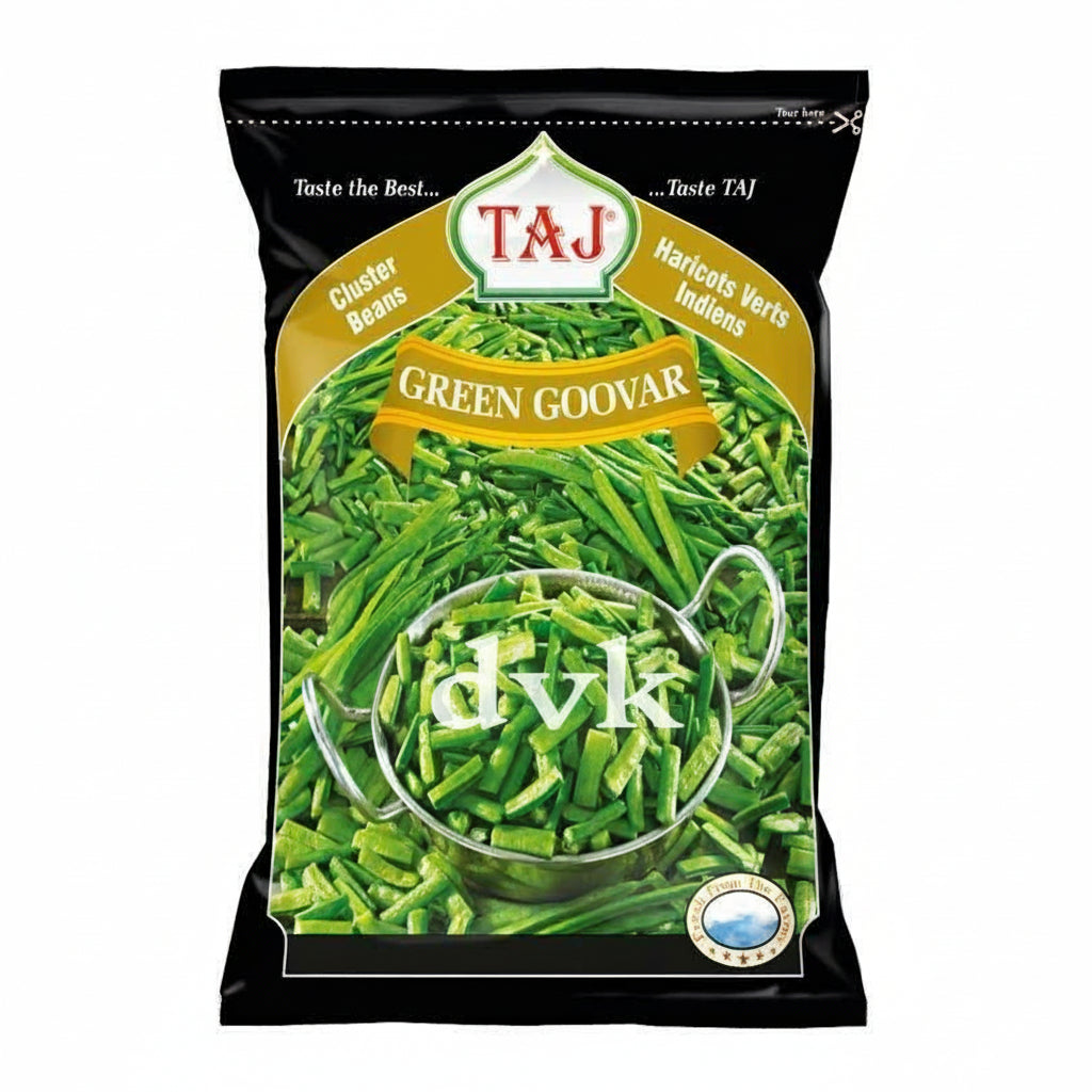 Packaged green beans with Taj brand logo on a white background