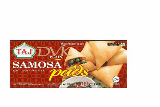 Box of Taj Samosa pads with a red background and image of samosas.