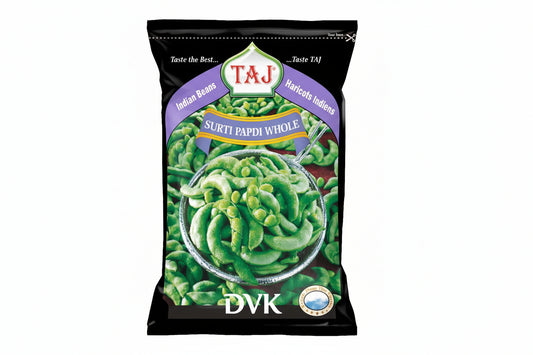 Packaged green beans with Taj brand label on a white background
