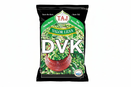 Packaged product of Taj Valor Lilva Indian beans with a white background