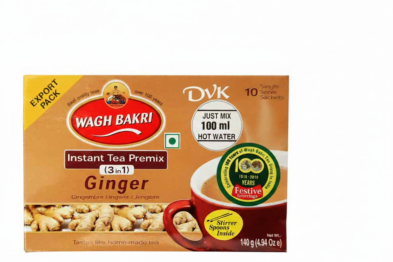 Wagh Bakri Ginger Instant Tea Premix packaging on a white background