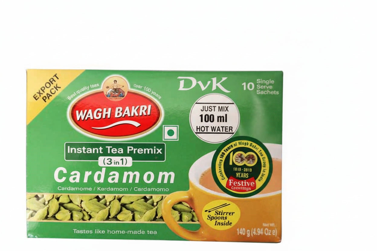 Wagh Bakri Cardamom instant tea premix packaging on a white background