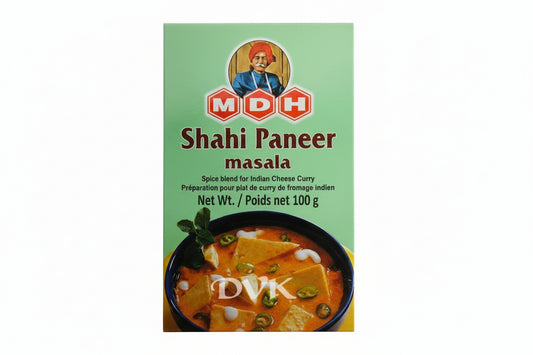 Box of MDH Shahi Paneer masala spice blend with a picture of a dish on a green background